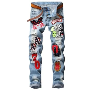 Plus Size Biker Blue Jean Denim Pant High Waist Mens Skinny Boy’s Boyfriend Trousers Fashion Ripped Wash Distressed Men’s Jeans