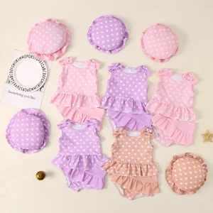 Polka Dot Printed Girls Sleeveless Swimsuit Set Ruffle Trim Three-Piece Baby Swimwear