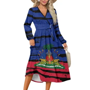 Polynesia Plumeria Haitian Flag Loose Natural Waist Long Sleeve Tie Dress Women Casual Autumn Girls Custom MOQ 1 Sex Dresses