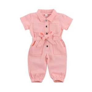 Popular Cute Solid Color Children Clothes Short Sleeve Jeans Outfits Girls Jumpsuits
