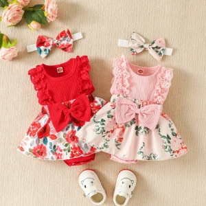 Popular Infant Girl Fashion Cotton Floral Dress Set with Hairband Summer Party Princess Outfit 0 24 Months Baby Clothing