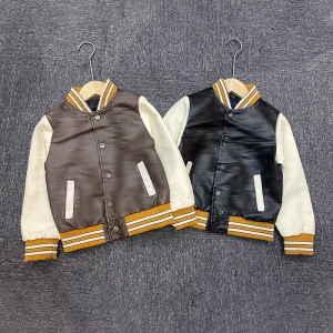Popular Style Kids Clothing Button Fly Kids Coats Long Sleeve PU Material Kids Jackets Boys