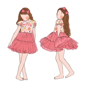 Premium Custom Printed Short Sleeve Girls Dress Pink Polka Dot Ruffle Tiered Skirt Cute Cartoon Print Kids Summer Princess Dress