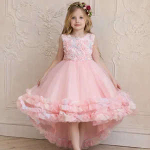 Premium Pink High Low Girls Princess Dress 2 10Y Floral Flower Girl Wedding Birthday Party Dresses Gown OEM ODM