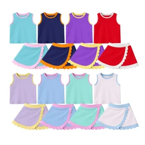 Preorder Baby Girls Summer Sleeveless Crop Yoga Summer Solid Color Crop Top Scallop Skorts Athletic Boutique Outfits Clothes