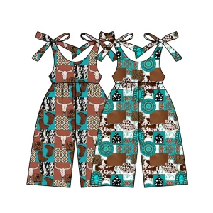 Preorder Boutique Western Turquoise Suspenders Printed Little Girls Jumpsuit New Design Kids Girls Clothes New Styles