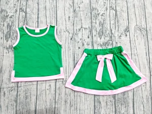 Preorder GSD3830MZ Children Girls Sleeveless Green Shirt Bows Pockets Shorts Toddler Kids Girl Set Outfit Clothes