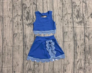 Preorder GSD4177MZ Children Girls Plaid Bows Shirt Scallop Skirt Shorts Toddler Kids Baby Girl Set Yoga Outfit Clothes