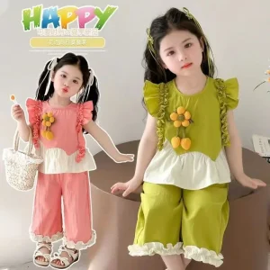 Preppy Style Girls Summer Casual Clothing Set Children’s Sleeveless Top with Flowers and Skirt Fashionable Outfit