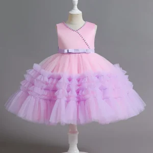 Princess Backless Floral Elegant Wedding Gown Birthday Party Dress for Girls Children