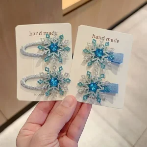 Princess Hair Accessories Cartoon Rhinestone Snowflake Hair Clip Cute Sweet Snow Hairpin for Girls Kids Head Decoration
