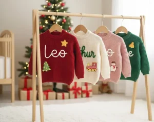 Print on Demand Personalize Custom Hand Embroidered Christmas Winter Crew Neck Children Boys Knit Kids Baby Sweater