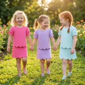 Professional Custom Support Summer Girl Clothing Sets Scalloped Children Summer Casual Clothes Soft Kids Clothes Set