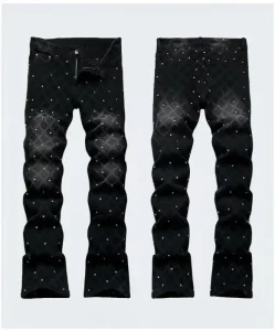 Punk Style Black Pants Teenage Boys Exotic Embroidered Design Jeans Style Button Washed