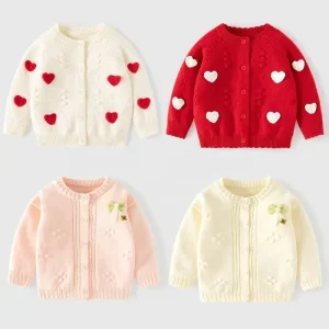 Pure Cotton Cute Girls’ Cardigan Sweater A type Bow heart Pattern Plain color Knitted Baby Sweater for Autumn winter Coat