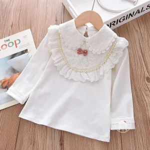 Pure Cotton Girls White Bottoming Shirt Stretch Lapel Pearl Shirt Stand up Collar Bud Lace Middle and Big Kids Top