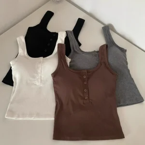 Purely Sensual American Style Casual Hot Girl Button Upper Camisole Solid Color Built In Bra Pads for Inner Layer Vest Top