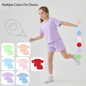 Puresun 7 Days Delivery RTS Casual Solid Scallop Shorts Knit Baggy Tshirts Summer Cozy Cotton Reach Certified Girls Clothing Set