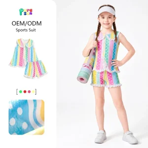Puresun Price Polka Dot Print Breathable Soft Peter Collar Lace Ruffle Summer Custom Gym Yoga Girls Clothing Sets