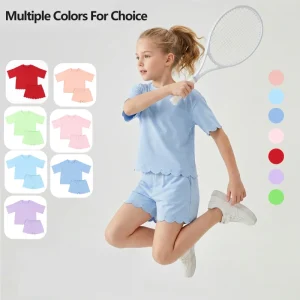 Puresun Price RTS Knit Solid CPC Certified Scallop Shorts Casual Baggy Tshirts Summer High Quality Girls Clothing Sets