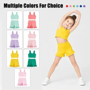 Puresun RTS Active Solid Scallop Vest Ruffle Breathable 75%Nylon 25%Spandex Yoga Girls Clothing Sets 8 to 9 Years Old