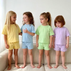 Puresun RTS Factory Solid Scallop Shorts Casual Knit Baggy Tshirts Summer Cotton Soft Boutique Girls Clothing Sets