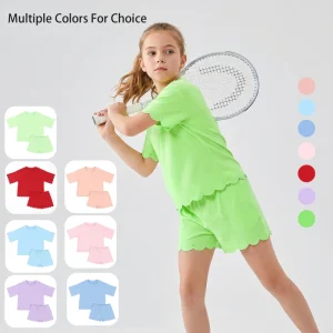 Puresun RTS Factory Solid Scallop Shorts Casual Knit Baggy Tshirts Summer Cotton Soft Girl Clothes 6-12 Years Kids