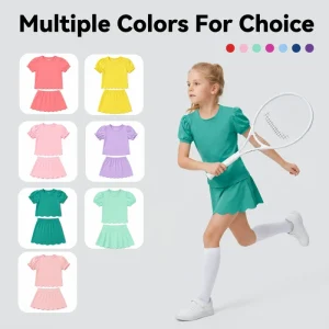 Puresun RTS Fast Delivery Sports High Stretch Tshirt Scallop Summer Breathable Solid Yoga Girls Clothing Sets 8 to 9 Years Old