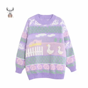 Purple Kawaii Cartoon New Arrival Latest Design Xmas Women Girls Pullover Christmas Sweater