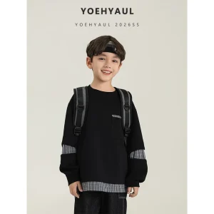 QG3223 4-16T Big Boy Casual Black Sweatshirt for Toddler Custom Label Kid Teenager Pullover Sweatshirt