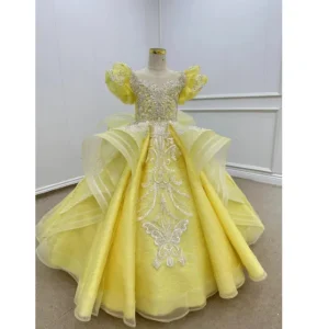 QUEENS Gown Custom Gorgeous Yellow Pearl Little Girls Princess Dress Glitter Aulic Banquet Party Flower Girls Dress With Beaded