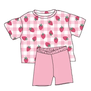 Qingli OEM Tariffs Free Summer Soft Bamboo Girls Two Piece Casual Set Cute Pink Boxy Flowy Shirt Biker Shorts Set Kids Clothing