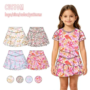 Quick Dry with Built in Shorts Customizable Vibrant Red Petal Print Short Sleeve Tiered Ruffle Sporty Dress Girls Active Wear
