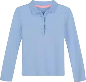 Quick-Drying Slim Fit Performance Long-Sleeved Polo T-Shirt for Teenage Girls Pleated Button Neck Pleated Details Printed Jersey