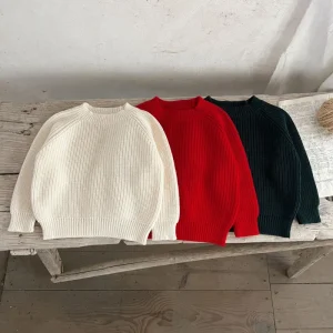 RTS Children Winter Warm O-Neck Stripes Elastic Slim Fit Versatile Tops Boys Girls Solid Color Knitted Sweaters