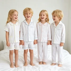 RTS Christmas Monogram White Seersucker Family Matching Pajamas Children Long Sleeve Pyjamas Set Little Girl Ruffle Pjs2026