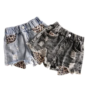 RTS Summer Fashion Infant Kid Girl Hole and Leopard Short Pant Toddler Baby Girls Denim Shorts