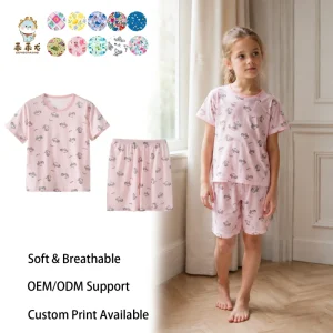 RTS Tencel Girls Pajama Set Soft Breathable Unicorn Print Short Sleeve Sleepwear for Summer Homewear