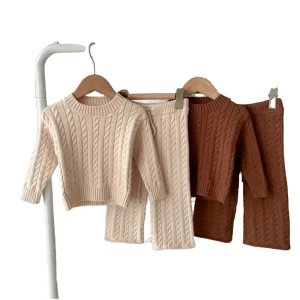 Ready Ship Neutral 100% Cotton Knitted Breathable Toddler Boy Girl Sweater Set Casual Solid Pattern Woolen Baby Clothing for