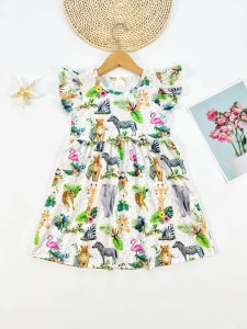 Ready to Ship Duty Free Baby Girls Boutique Child Dresses Flower Kids Flutter Sleeve Summer Toddler Dress