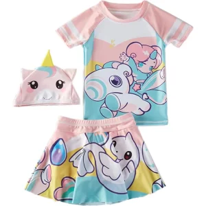 Recycled Fabric Children’s Fashion Short Sleeve Swimsuit Girl’s Cute Three Piece Beachwear