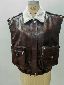 Retro Distressed PU Two Piece Look Fleece Collar Utility Vest Men’s Casual Multi-Pocket Sleeveless Waistcoat