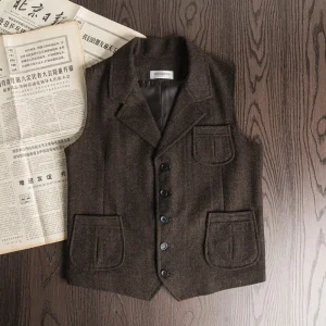Retro Herringbone Woolen Suit Vest for Men Solid Color Slim Single Breasted Outer Wear