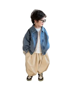 Retro Kids Plaid Breathable Zipper Denim Jackets Loose Casual Boys Spring Custom Coats