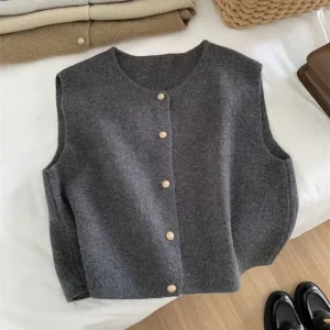 Round Neck Knit Cardigan Sleeveless Vest Loose Waistcoat