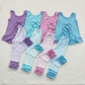 Ruffle Sleeveless Cotton Top & Striped Pants Set Casual Breathable Fashion Kids Girls Outfits
