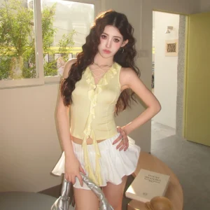 Ruffle V-Neck Sleeveless Vest Summer Slim Fit Layering Sexy Cinched Waist Crisscross Tie-Up Top