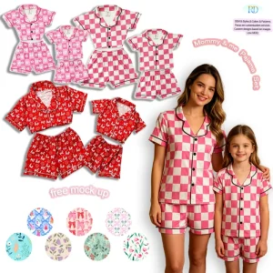 Ruidian OEM Family Pajama Set Mommy & Me Pajamas Kids Short Sleeve Shorts Set Girls Button Lapel Christmas Sleepwear Loungewear