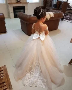 S465A Weddings Sheer Neck Applique Lace Tulle Wedding Flower Girls Flower Girls Dresses