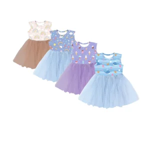SQG 089 Trendy Girls Dress Milk Silk Top Super Soft Tulle Skirt Summer Kids Birthday Party OEM